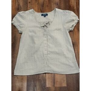 Modcloth 100% Cotton taupe tie front blouse MED